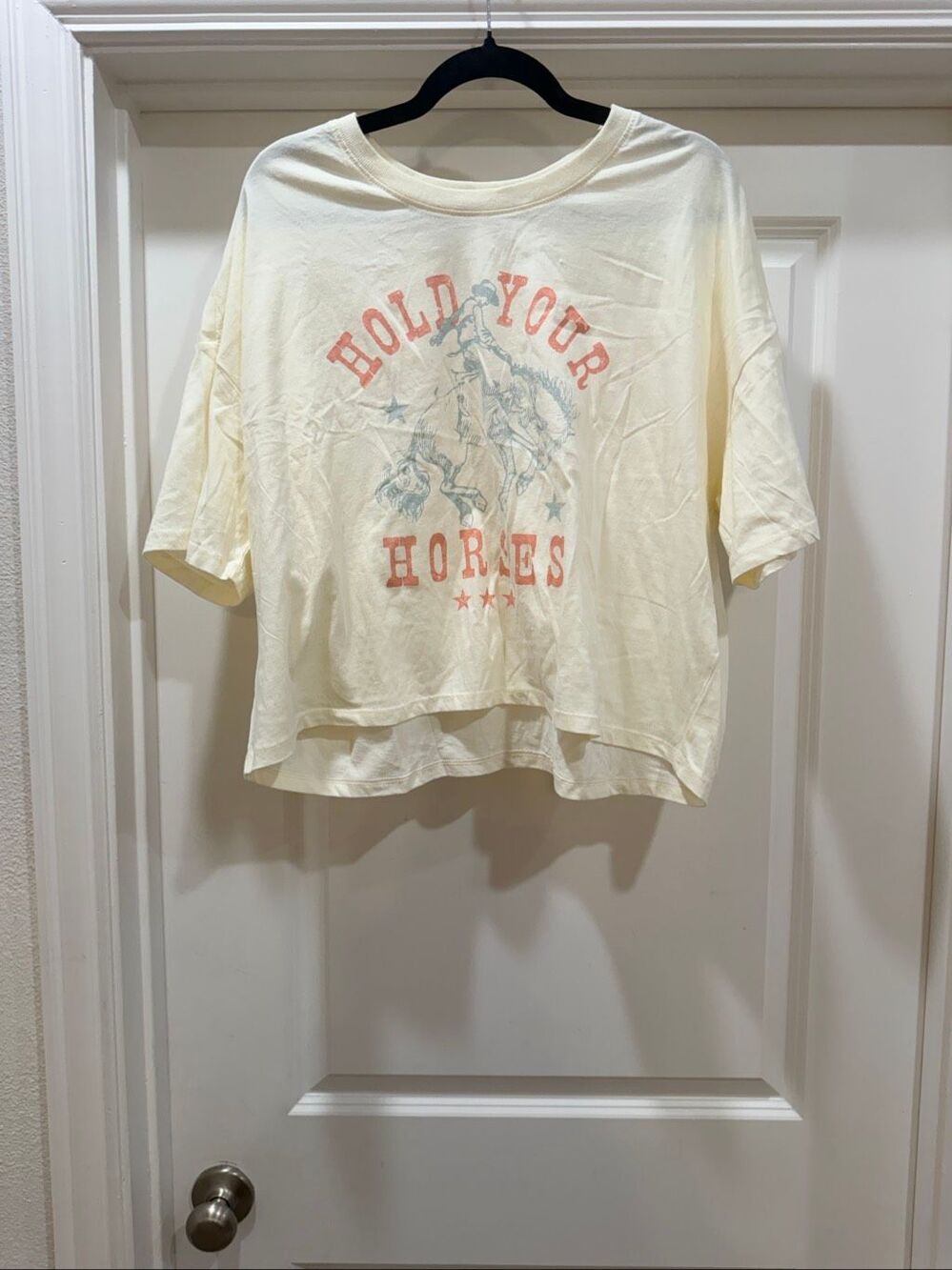 Cut & Paste Ivory Cream Hold Your Horses Western Graphic Tee T-Shirt Size 2XL